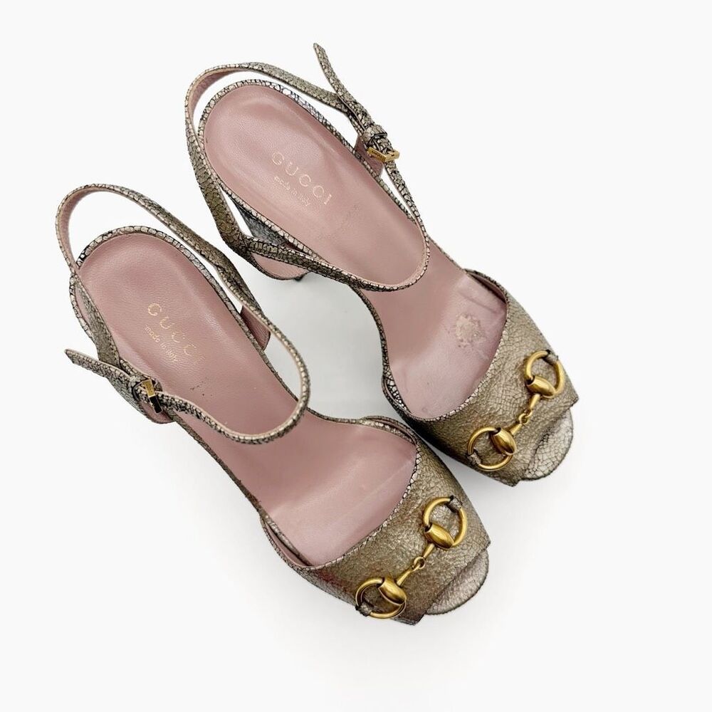 GUCCI Claudie Platform Horsebit Iridescent Gold Heeled Sandal Size 37 Leather - Picture 2 of 12